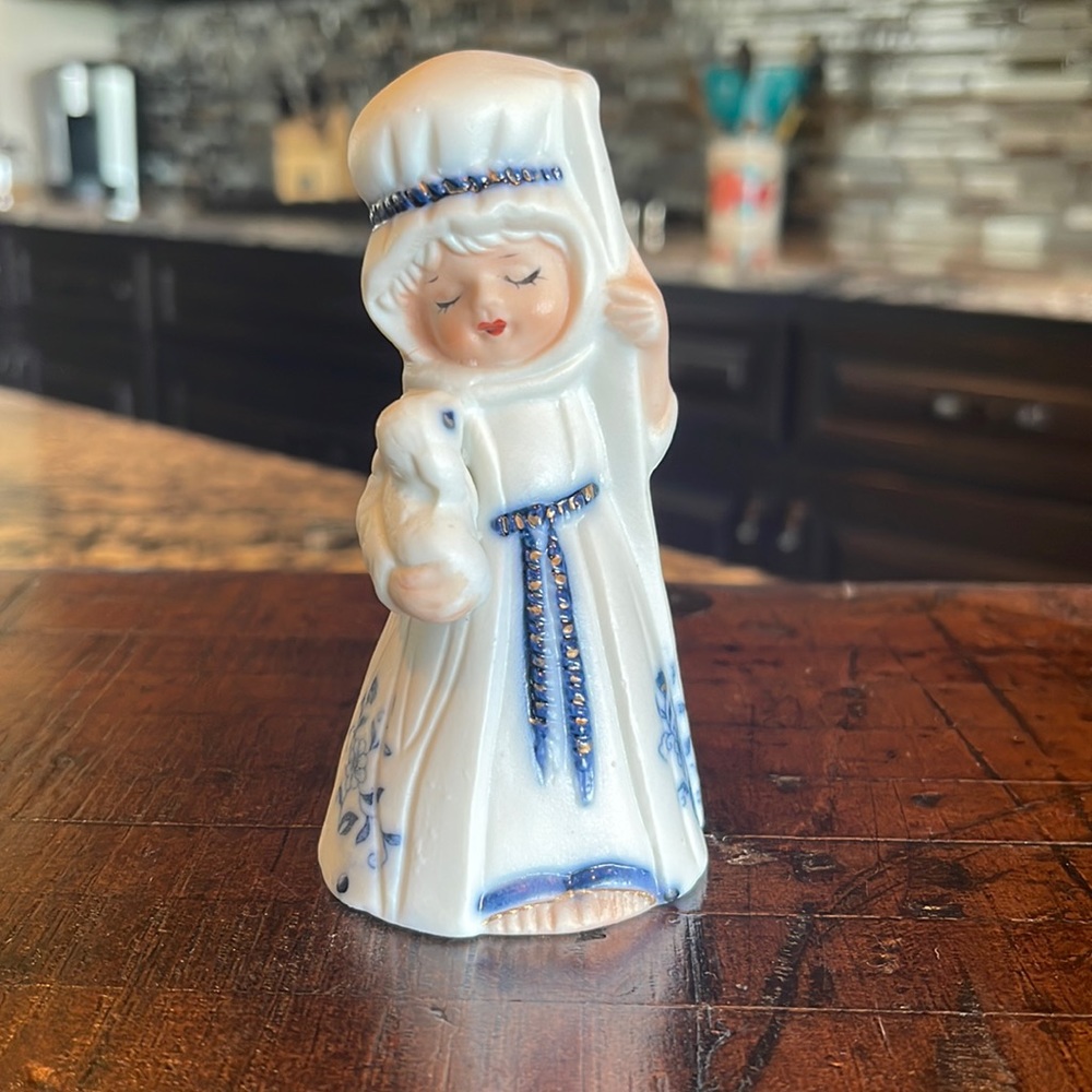 Vintage Royal Majestic Jasco Blue & White Porcelain Bisque Shepherd Girl Bell